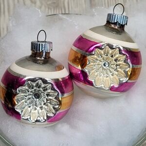 2 Shiny Brite Double Star Indent‎ Christmas Ornaments Pink Orange White Stripes